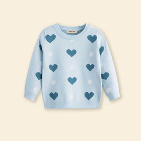 Girls Sky Blue Sweater With Self-Design Heart Patterns Sweaters & Cardigans