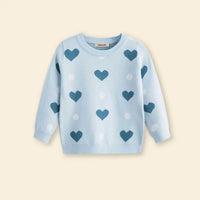 Girls Sky Blue Sweater With Self-Design Heart Patterns Sweaters & Cardigans