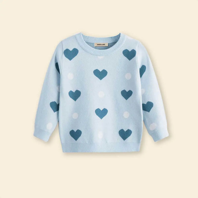Girls Sky Blue Sweater With Self-Design Heart Patterns Sweaters & Cardigans