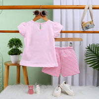 Girls Light Pink Graphic Short Sleeves Top With Drawstring Shorts Sets Sets