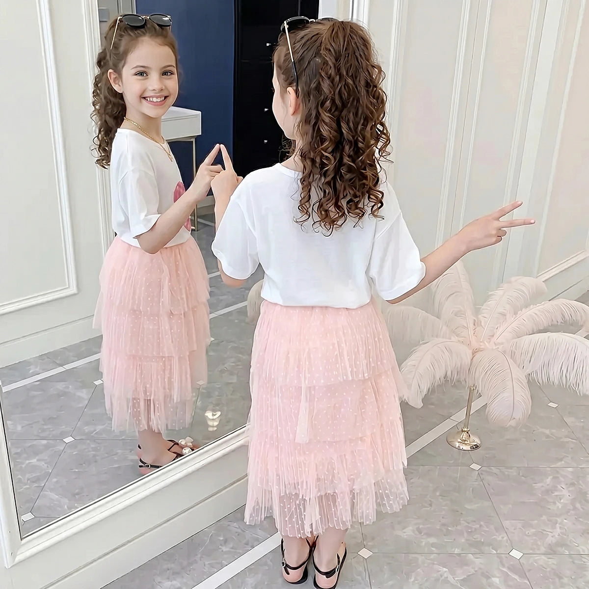 Girls White Sequin Heart Applique Short Sleeve T-Shirt With Skirt Sets 2 pc. Sets