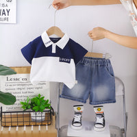 Boys Blue Embroidered Short Sleeves Polo T-Shirt With Denim Shorts Set Sets Blue 1-2 Y