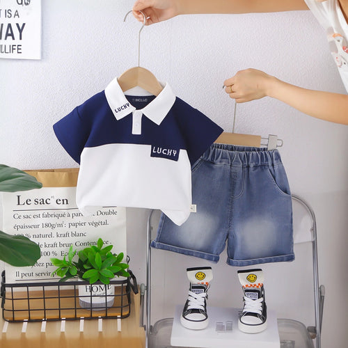 Boys Blue Embroidered Short Sleeves Polo T-Shirt With Denim Shorts Set Sets Blue 1-2 Y