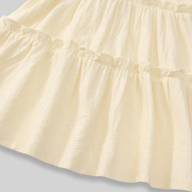 Girls Beige Floral Embroidered Puff Sleeve Tiered Dress Casual Dresses