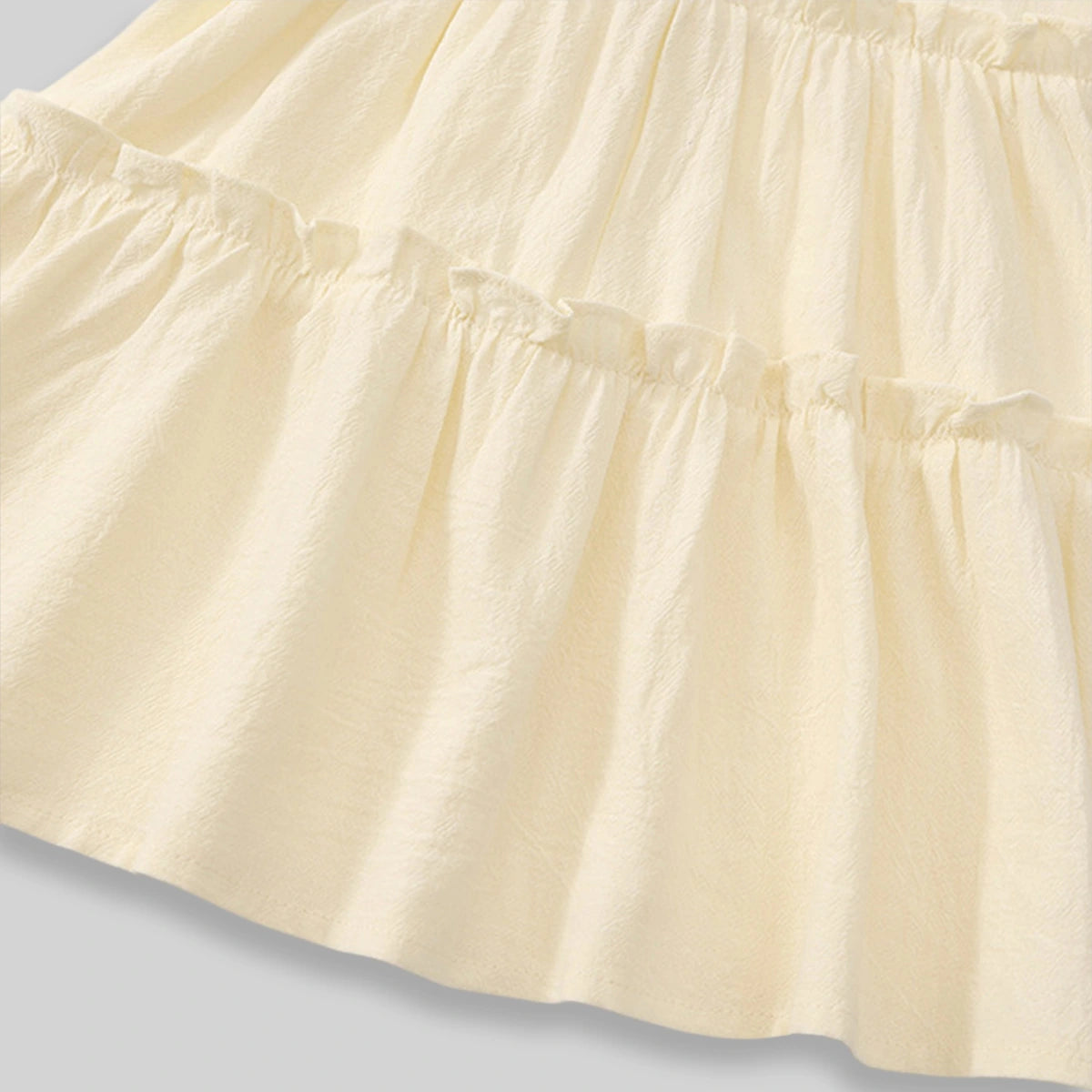 Girls Beige Floral Embroidered Puff Sleeve Tiered Dress Casual Dresses