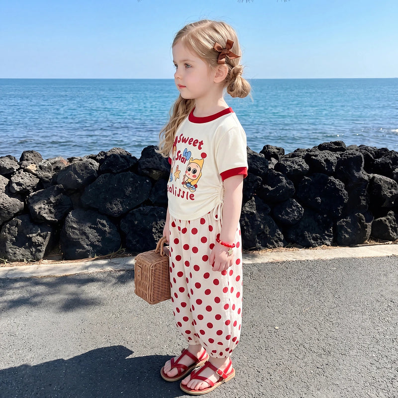 Girls Red Typography Print Short Sleeve T-Shirt With Polka Dot Pants Sets 2 pc. Sets