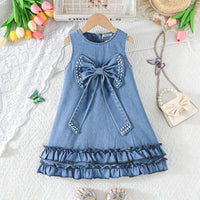 Girls Blue Bow Applique A-line Denim Dress Casual Dresses Blue 2-3 Y