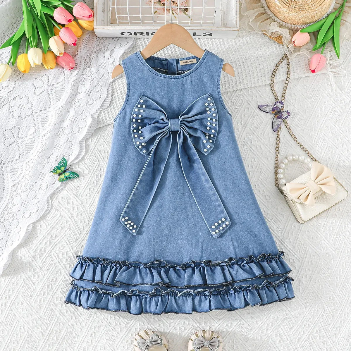 Girls Blue Bow Applique A-line Denim Dress Casual Dresses Blue 2-3 Y