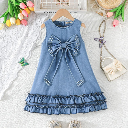 Girls Blue Bow Applique A-line Denim Dress Casual Dresses Blue 2-3 Y