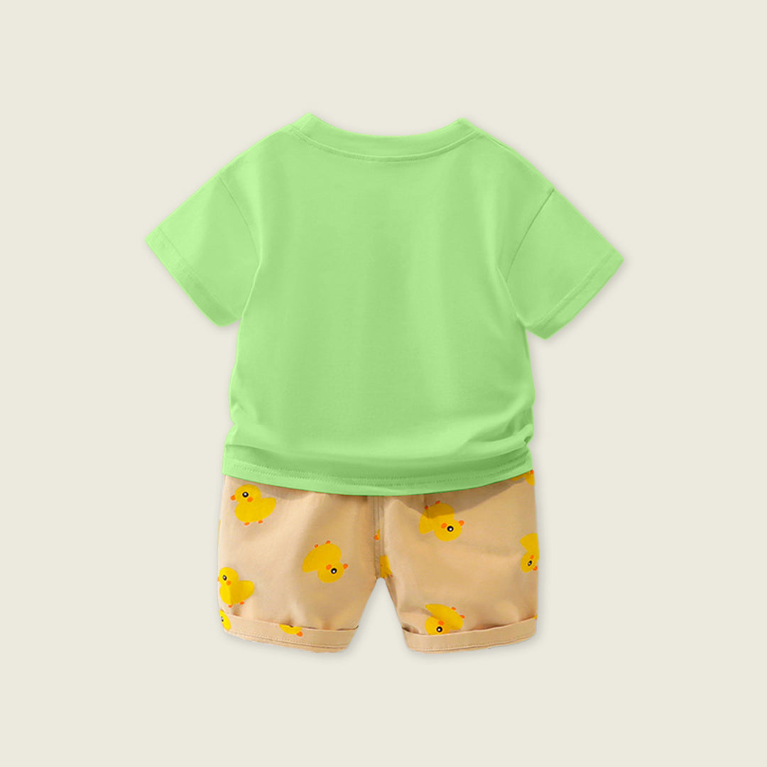 Boys Green Short Sleeve Duck Print T-Shirt With Printed Shorts Sets   
