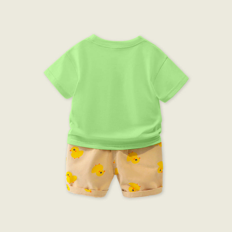 Boys Green Short Sleeve Duck Print T-Shirt With Printed Shorts Sets   