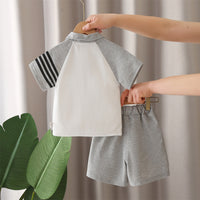 Boys Grey Melange Side Striped Polo T-shirt with Shorts Set Sets