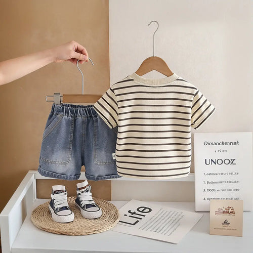 Boys Beige Striped T-Shirt With Pocket & Denim Shorts Sets Sets