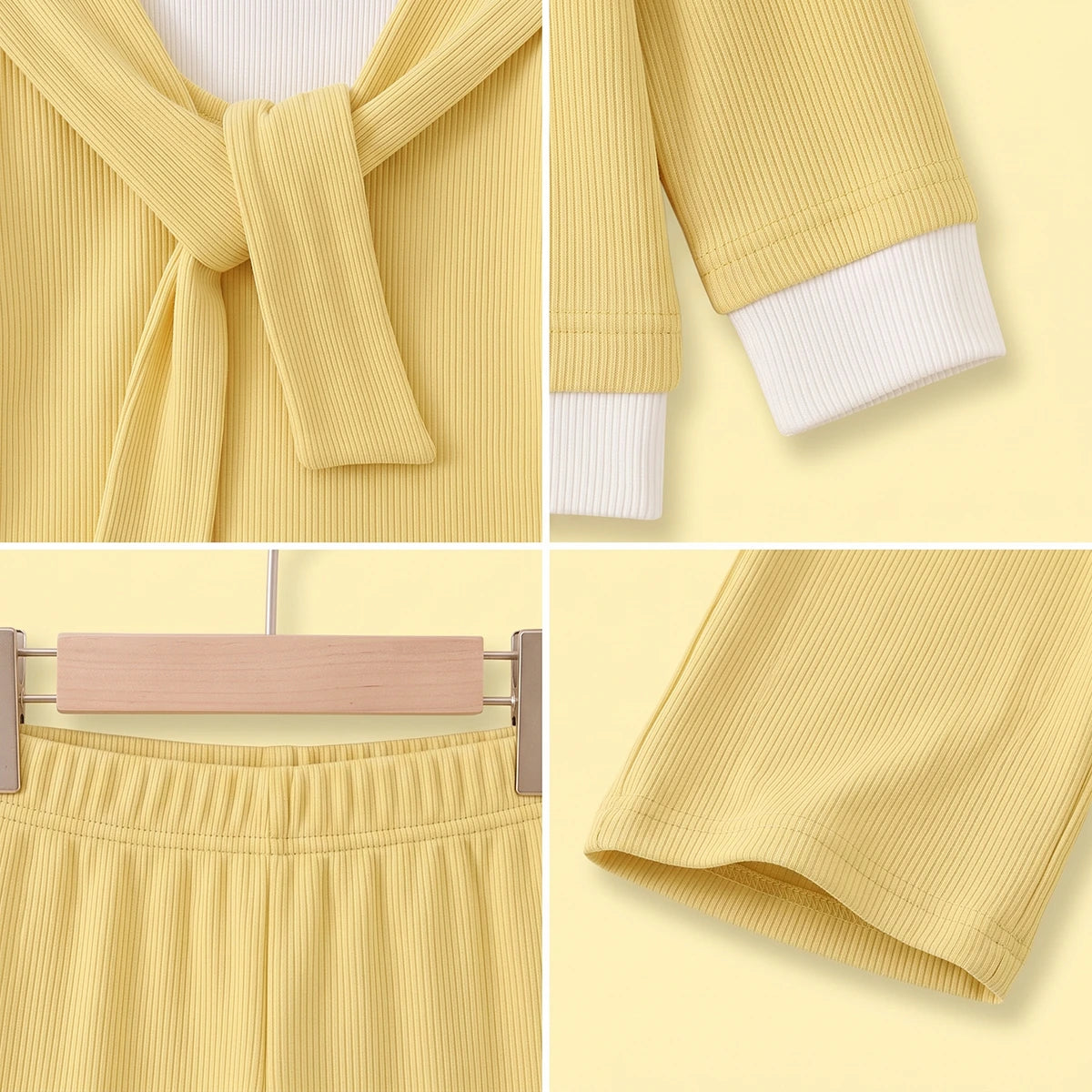 Girls Yellow Ribbed Sailor Collar Overlay Top & Pants Co-ord Sets Sets