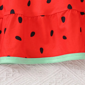 Girls Red Watermelon Print Fit & Flare Dress with Flutter Sleeves Casual Dresses