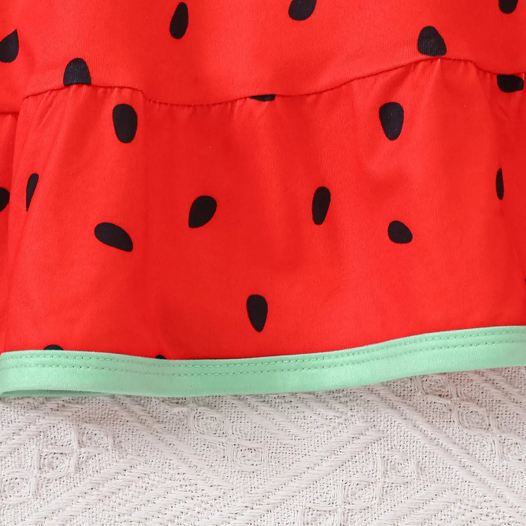 Girls Red Watermelon Print Fit & Flare Dress with Flutter Sleeves Casual Dresses