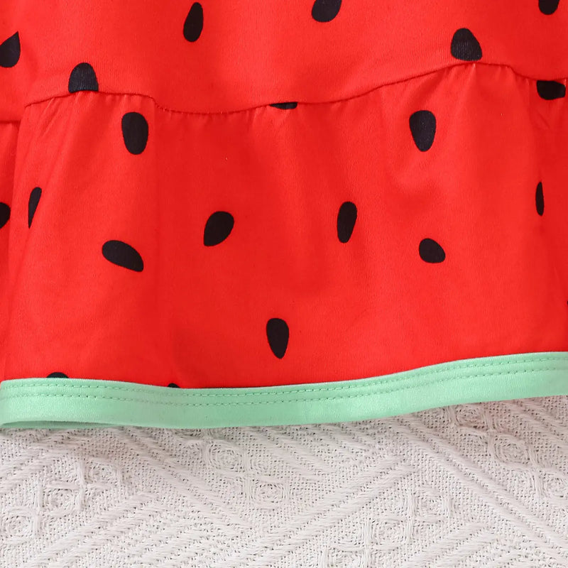 Girls Red Watermelon Print Fit & Flare Dress with Flutter Sleeves Casual Dresses