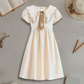 Girls Short Sleeve Scalloped Collar Dress Casual Dresses Beige 4-5 Y 