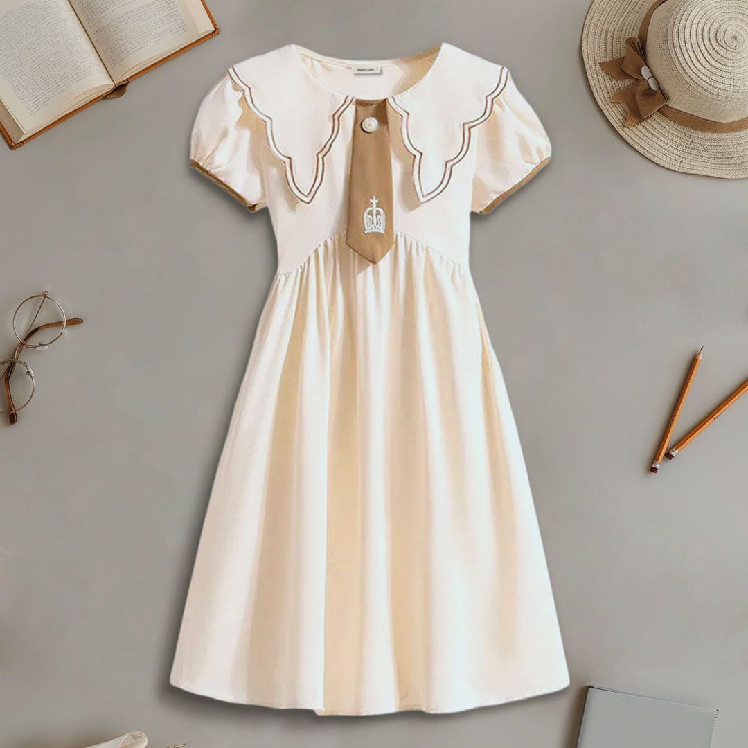 Girls Short Sleeve Scalloped Collar Dress Casual Dresses Beige 4-5 Y 