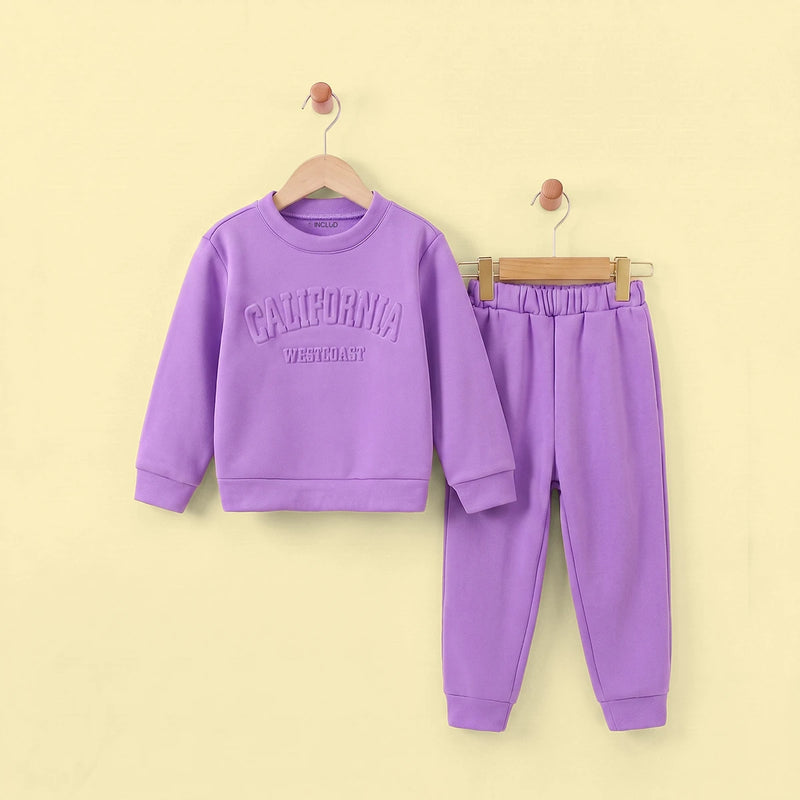 Girls Puple Typography Print Sweatshirt With Pants Set 2 pc. Sets Purple 4-5 Y