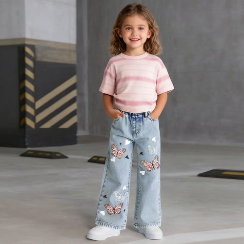 Girls Striped Short Sleeve T-Shirt With Blue Butterfly Print Denim Jeans Sets 2 pc. Sets Light Blue 3-4 Y