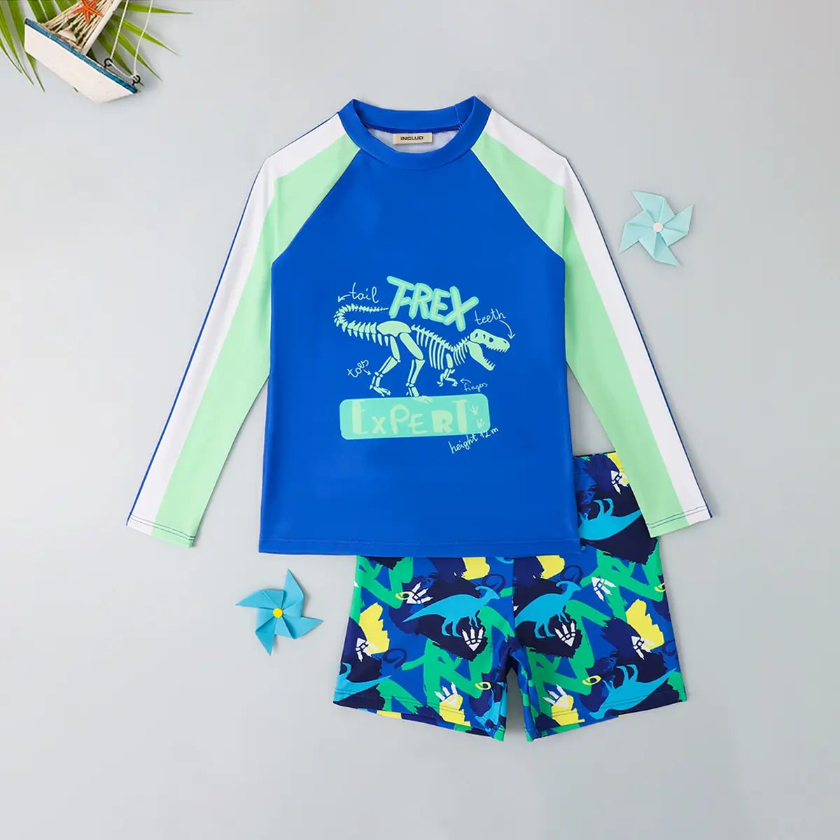 Boys Blue Graphics Long Sleeves T-Shirt & Shorts Swimsuit Sets Sets Blue 7-8 Y