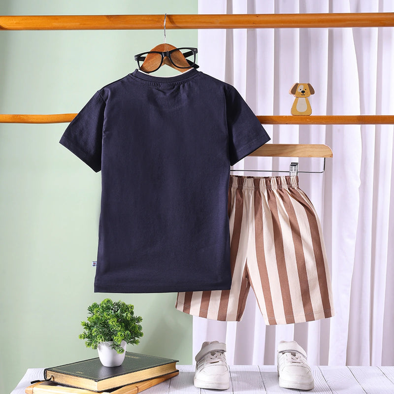 Boys Black Dog Graphic T-Shirt With Striped Shorts Sets 2 pc. Sets