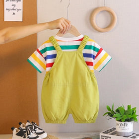Boys Short Sleeve T-Shirt With Lime Green Dinosaur Applique Dungaree Sets 2 pc. Sets