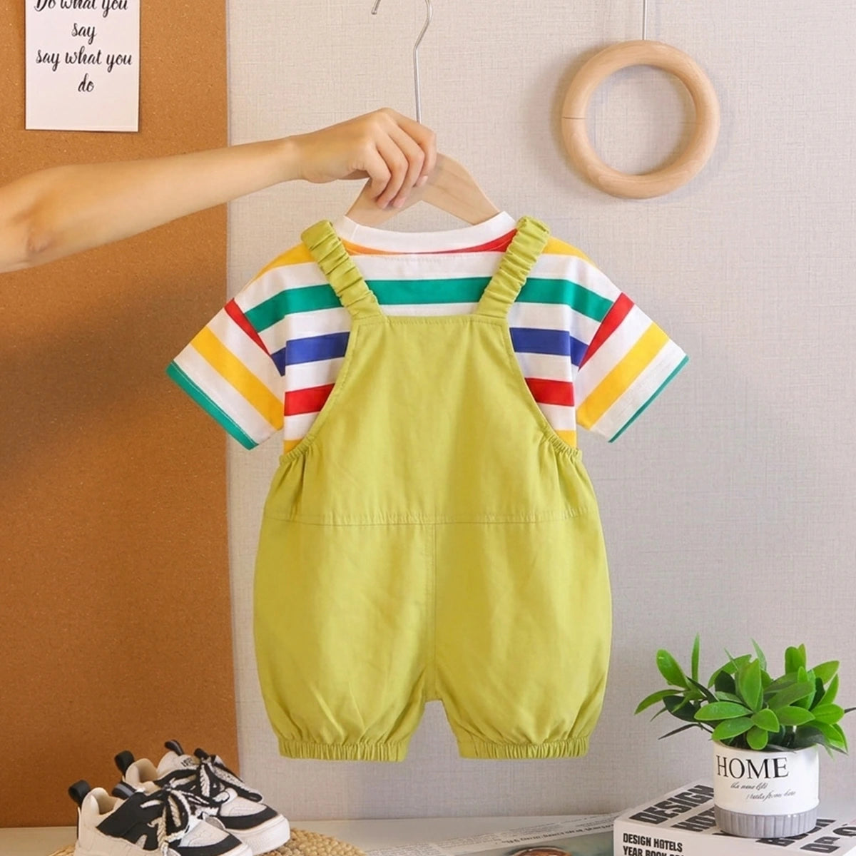 Boys Short Sleeve T-Shirt With Lime Green Dinosaur Applique Dungaree Sets 2 pc. Sets