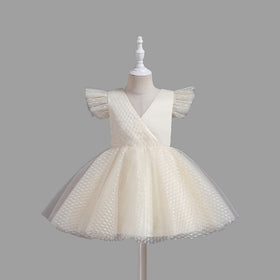 Girls Flutter Sleeves Party Dress Party Dresses Beige 4-5 Y 