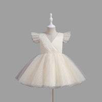 Girls Flutter Sleeves Party Dress Party Dresses Beige 4-5 Y 