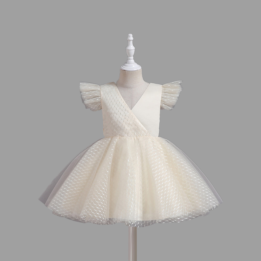 Girls Flutter Sleeves Party Dress Party Dresses Beige 4-5 Y 