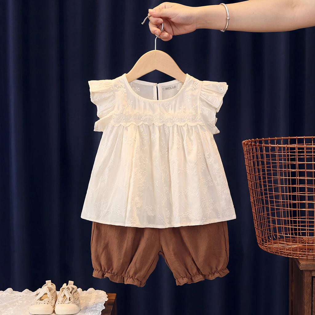 Girls Off White Schiffli Embroidered Top With Shorts Sets 2 pc. Sets Off White 1-2 Y