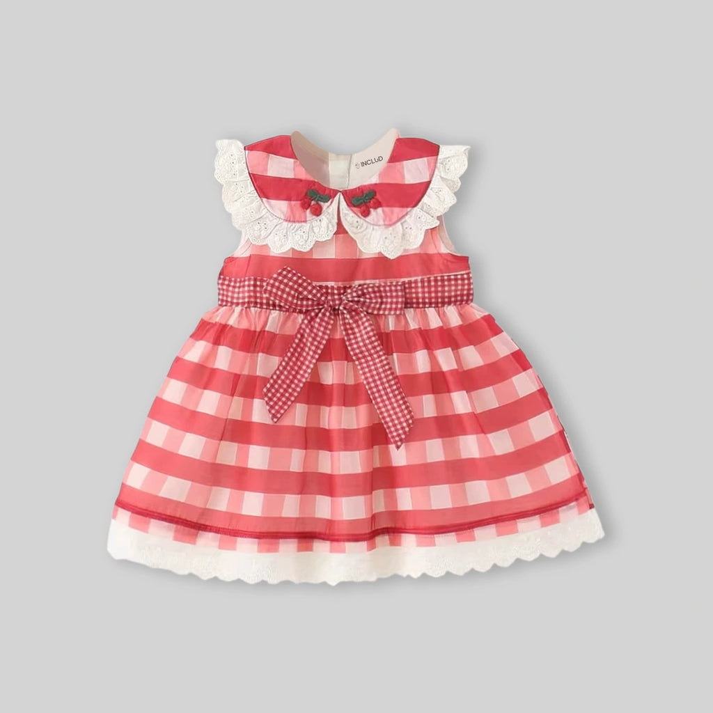 Girls Red Checked Cherry Applique Sleeveless Fit & Flare Dress Casual Dresses