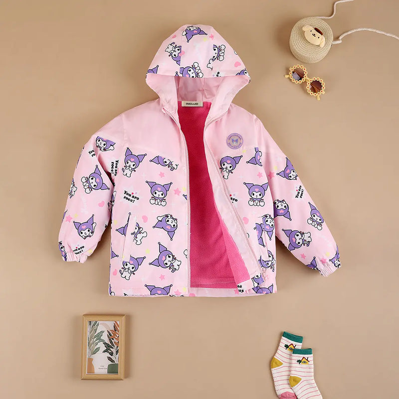 Girls Light Pink Kuromi Cartoon Printed Hooded Zipper Jacket Coats & Jackets