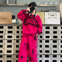 Girls Pink Typographic Printed Sweatshirt With Wide Leg Pant Sets Sets