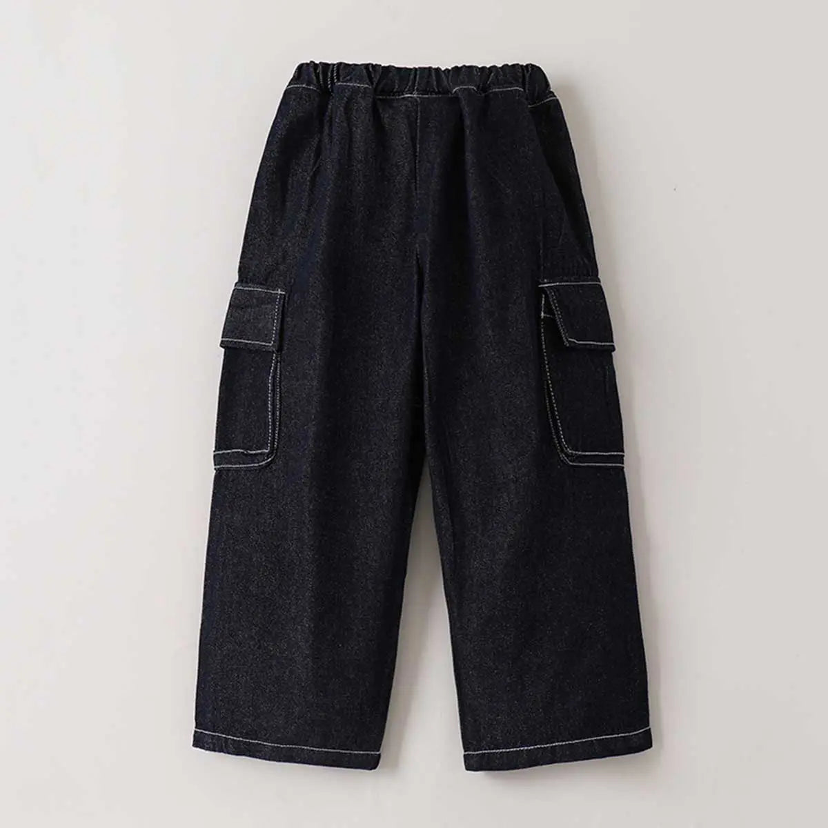 Boys Black Solid Cargo Jeans With Elasticated Waistband Cargo Pants