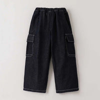 Boys Black Solid Cargo Jeans With Elasticated Waistband Cargo Pants