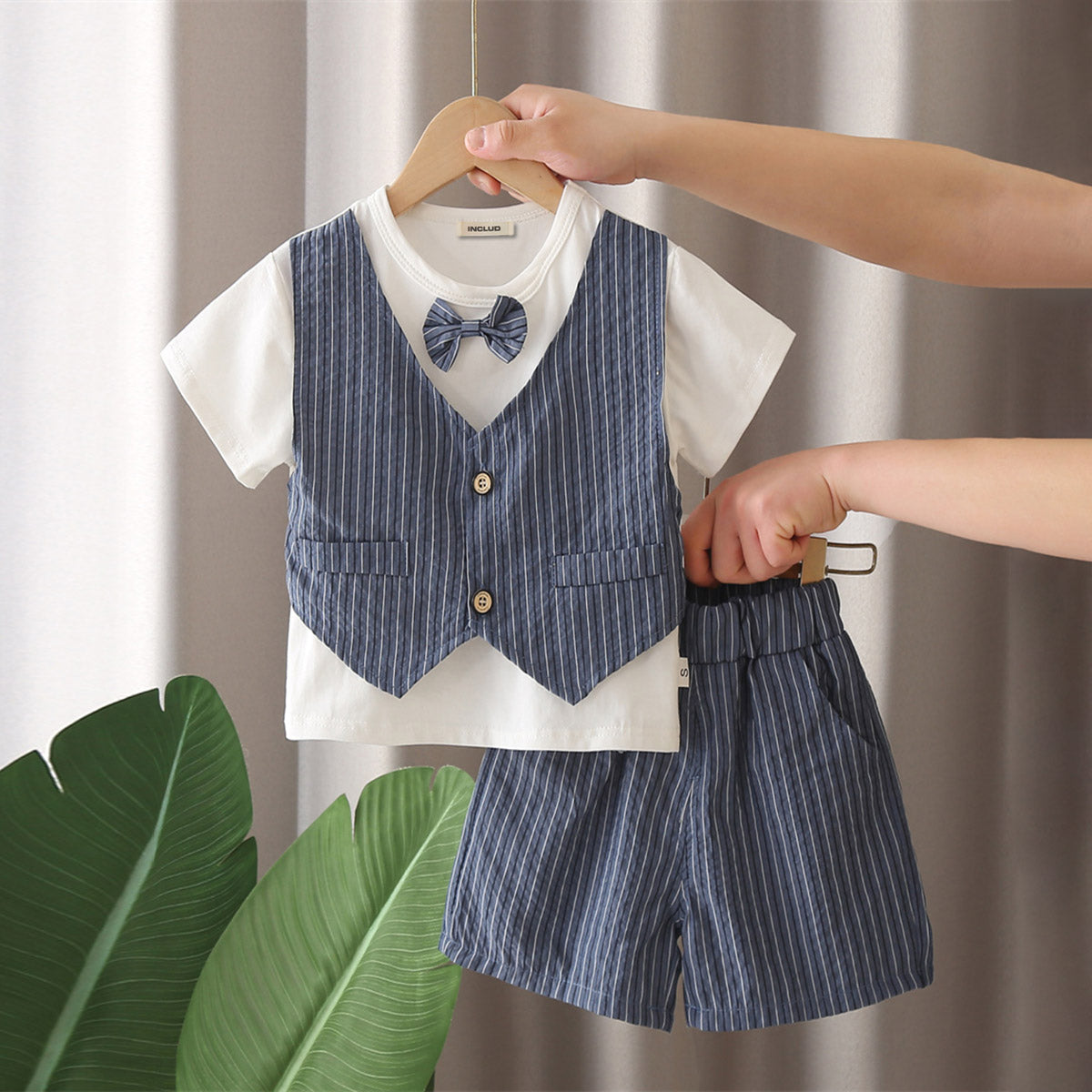 Boys Blue Striped Shorts with Short Sleeves T-shirt with attached Waistcoat Set Sets Blue 1-2 Y