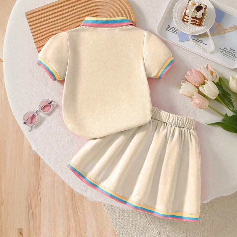 Girls Cream Heart Embroidered Polo T-Shirt With Skirt Sets 2 pc. Sets