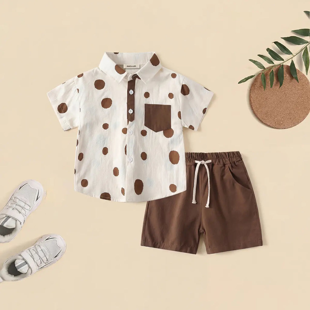 Boys Brown Polka Dot Print Short Sleeves Shirt With Shorts Set Sets Brown 1-2 Y