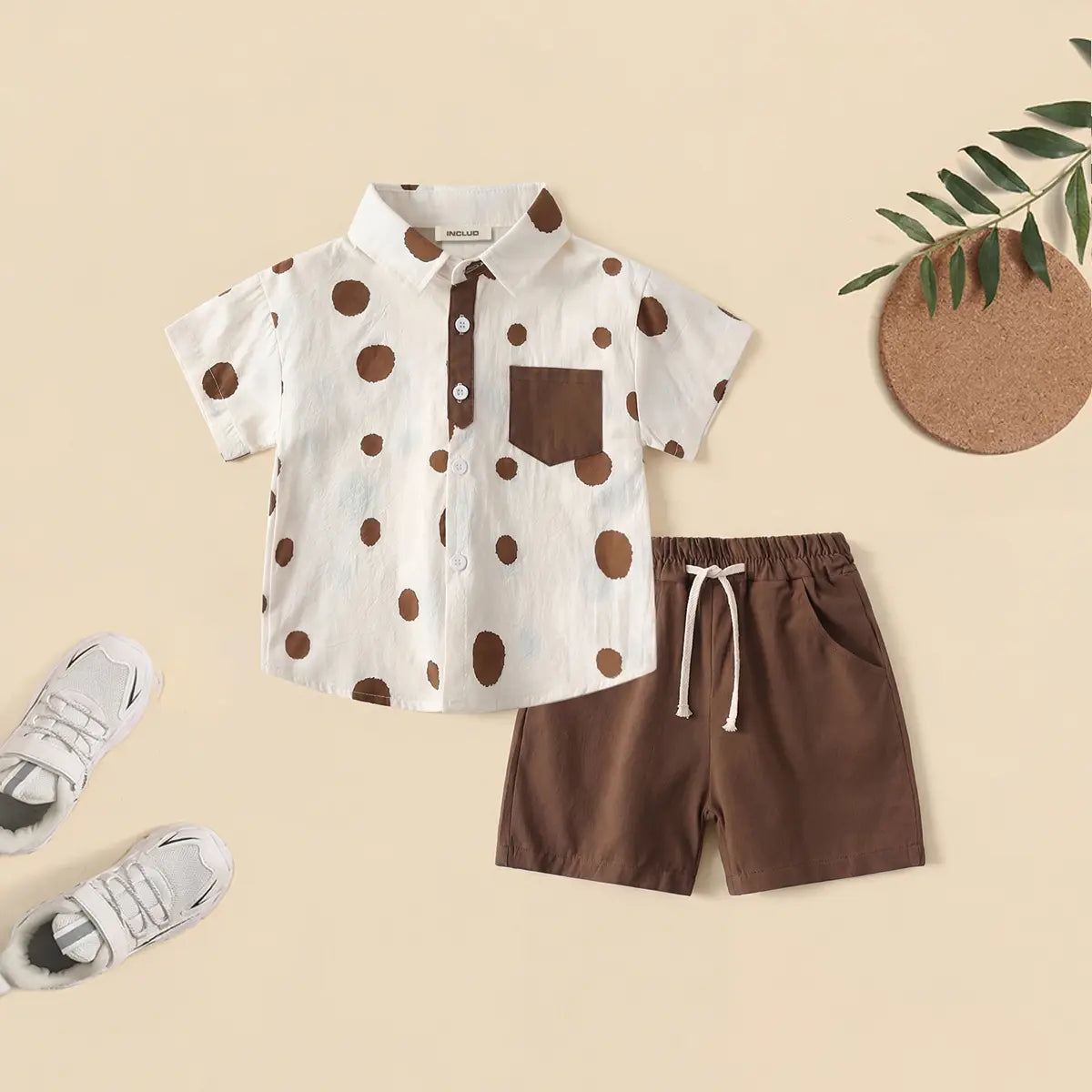 Boys Brown Polka Dot Print Short Sleeves Shirt With Shorts Set Sets Brown 1-2 Y