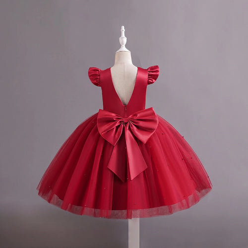Girls Red Pearl-Embellished Flutter Sleeve Party Wear Dress Party Dresses