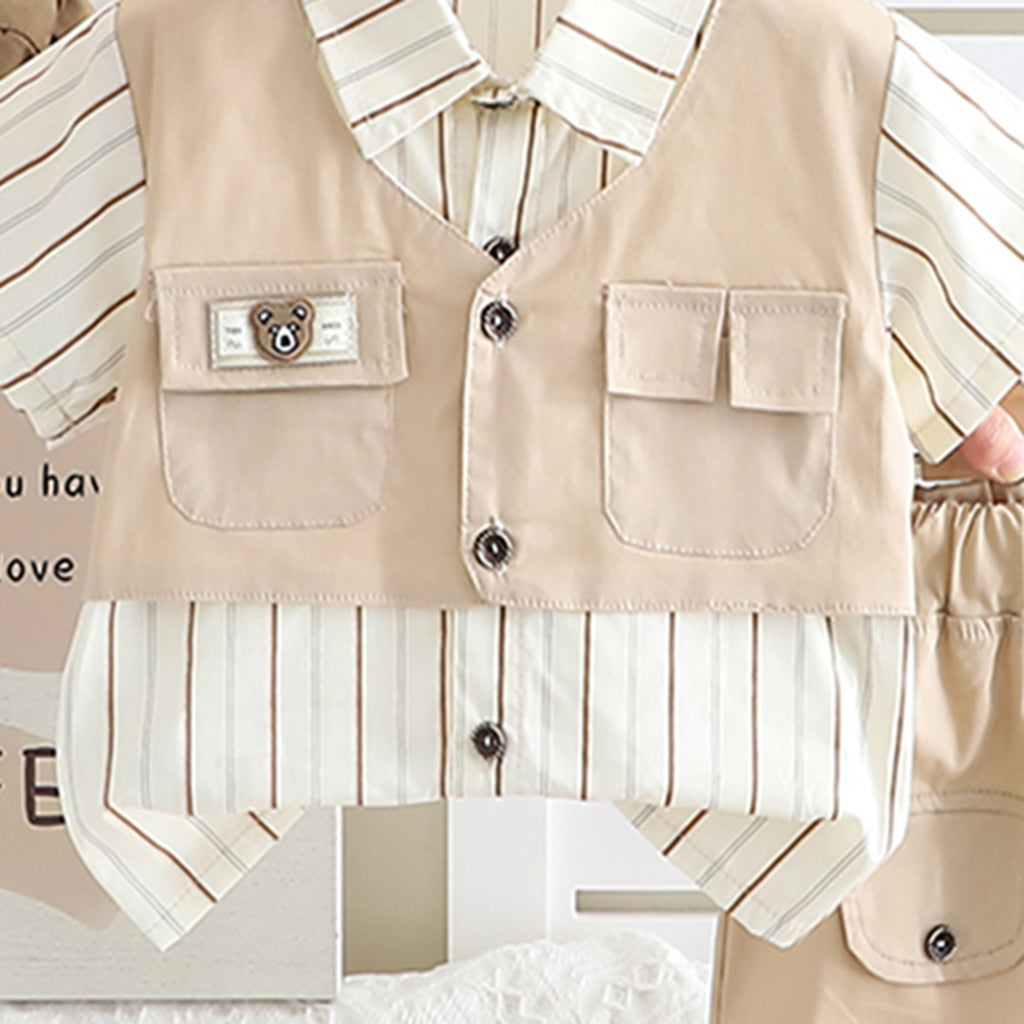 Boys Beige Stripe Short Sleeves Pocket Flap Shirt With Shorts Set 2 pc. Sets