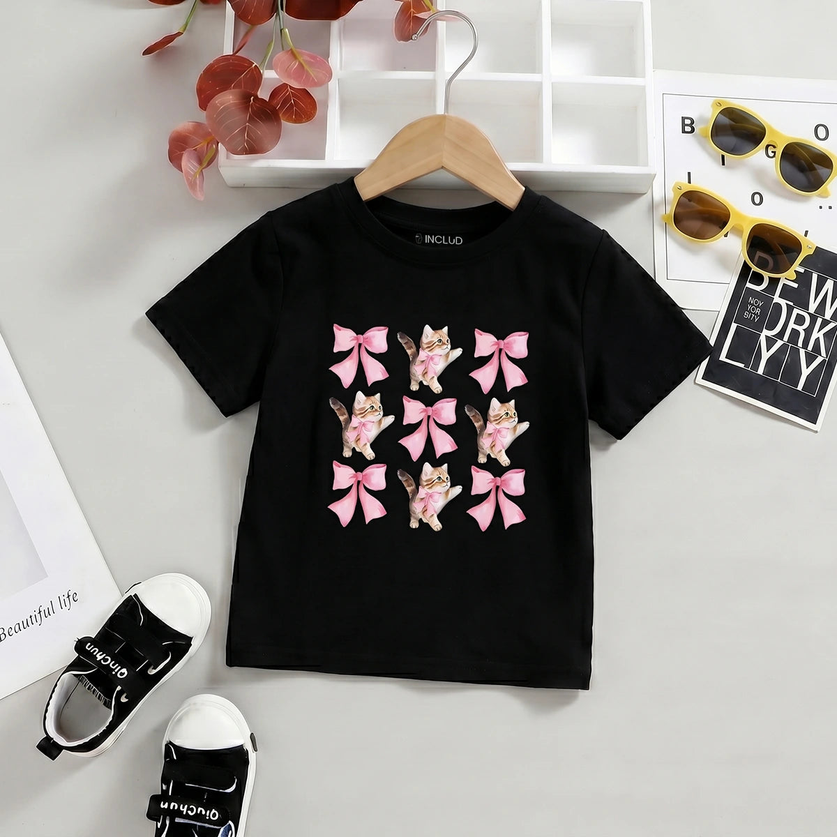 Girls Black Bow Print Short Sleeve T-Shirt Tshirts Black 2-3 Y