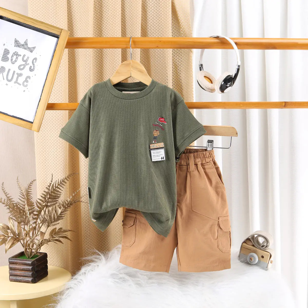 Boys Green Printed Short Sleeve T-Shirt With Elasticated Shorts Sets 2 pc. Sets Green 2-3 Y