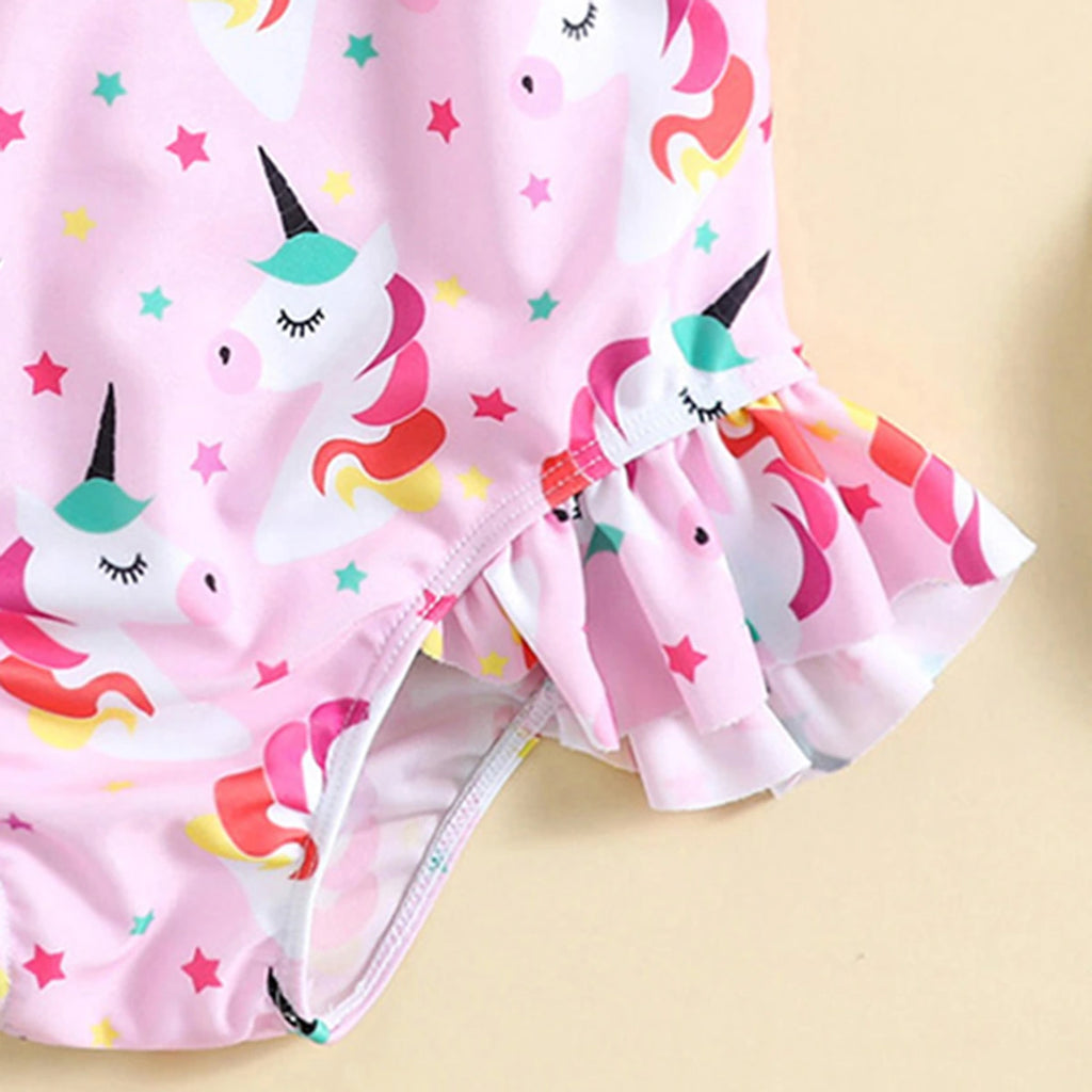 Girls Pink Unicorn Printed Sleeveless Bodysuit Swimwear Beachwear