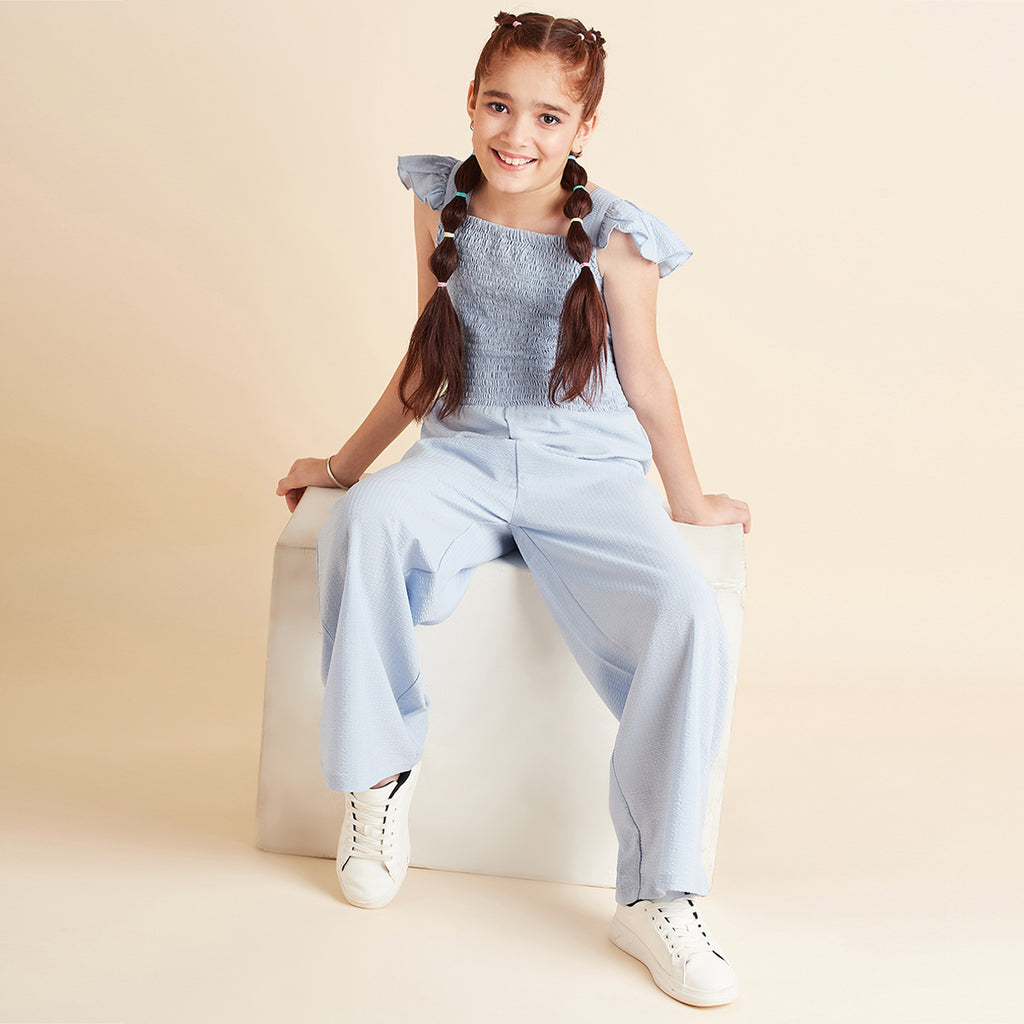Girls Blue Sleeveless Long Length Jumpsuit With Smocking Jumpsuits