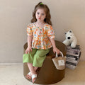 Girls Orange Floral Print Short Sleeves Peplum Top With Wide-Leg Pants Sets Sets Orange 1-2 Y