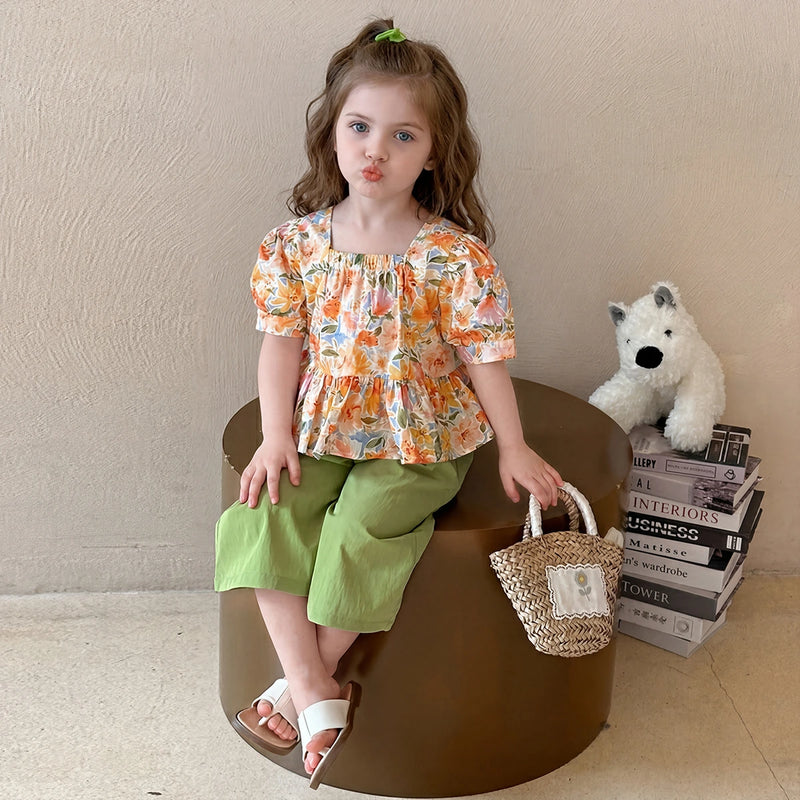 Girls Orange Floral Print Short Sleeves Peplum Top With Wide-Leg Pants Sets Sets Orange 1-2 Y